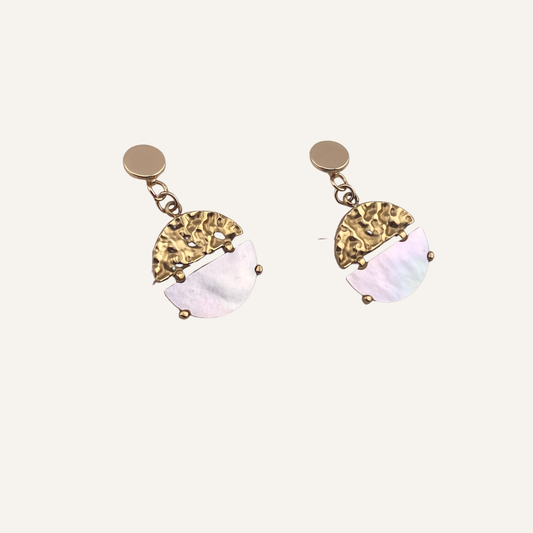 CHICA GAÜCHA - Boucles d'oreilles NOA - Pendentif rond bi-matière en métal texturé & pierre naturelle