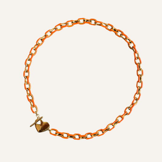 chica GaÜcha -Collier SAYEN- maillons orange émaillés & fermoir toggle coeur doré 