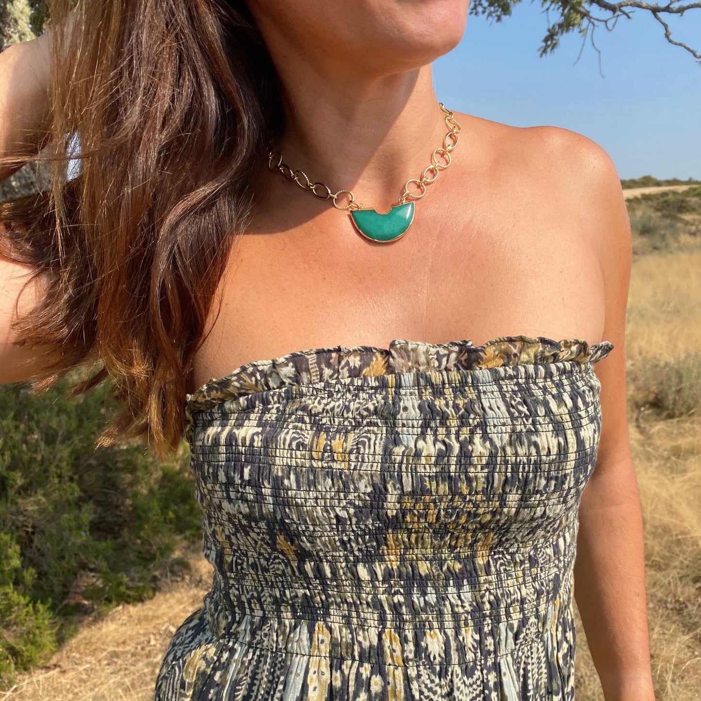 Chica-gaücha-collier aura - Quartz Vert et chaine dorée à l'or fin 18K