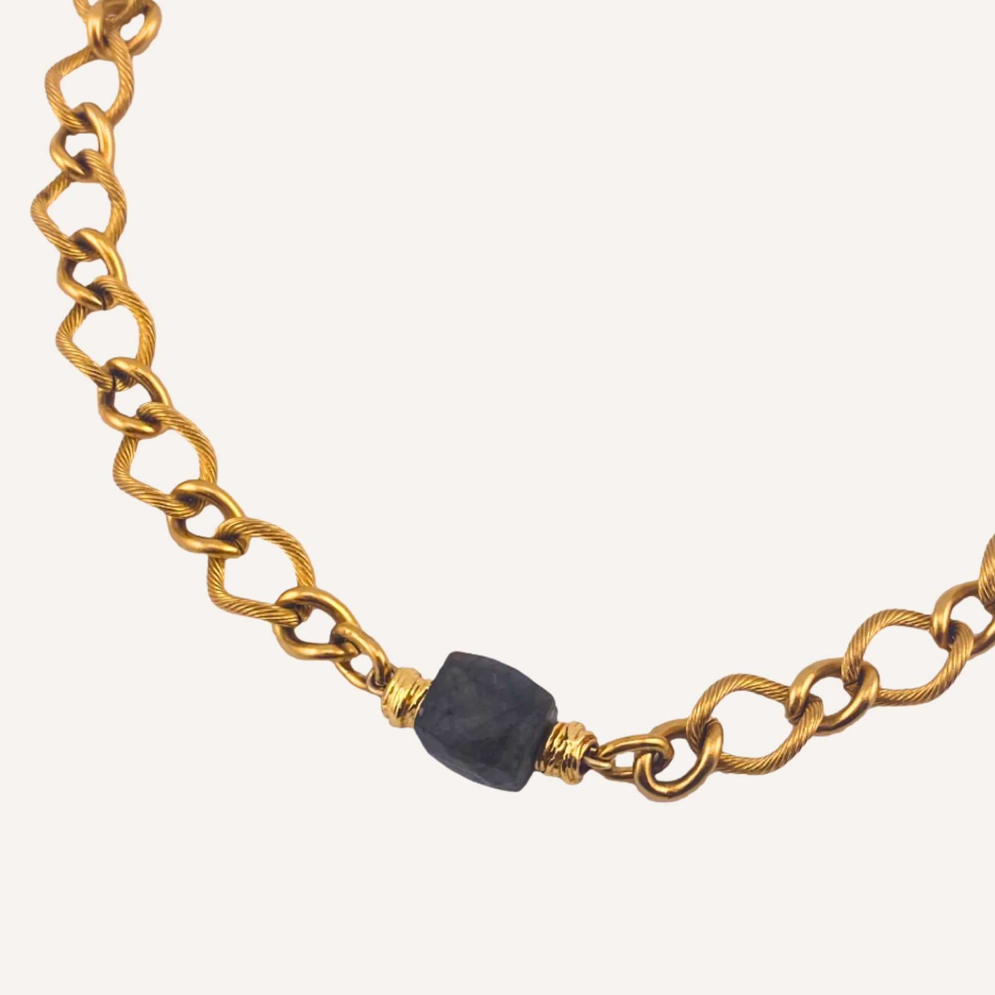 Collier MAPU - Perle cube en pierre naturelle de Labradorite brute & acier inoxydable doré