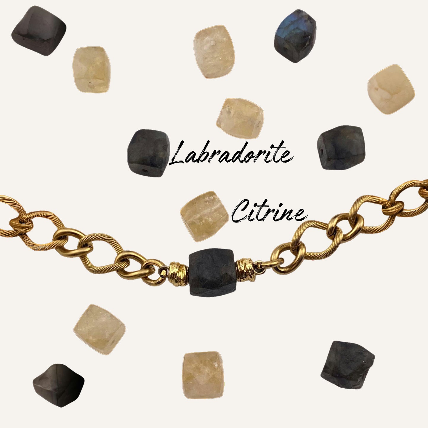 Collier MAPU - Perle cube en pierre naturelle de Labradorite brute & acier inoxydable doré