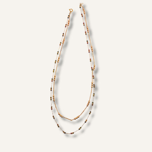 Collier double NINA - pierre naturelle d'Unakite & chaîne perlée en acier inoxydable - création artisanale signée Chica Gaücha