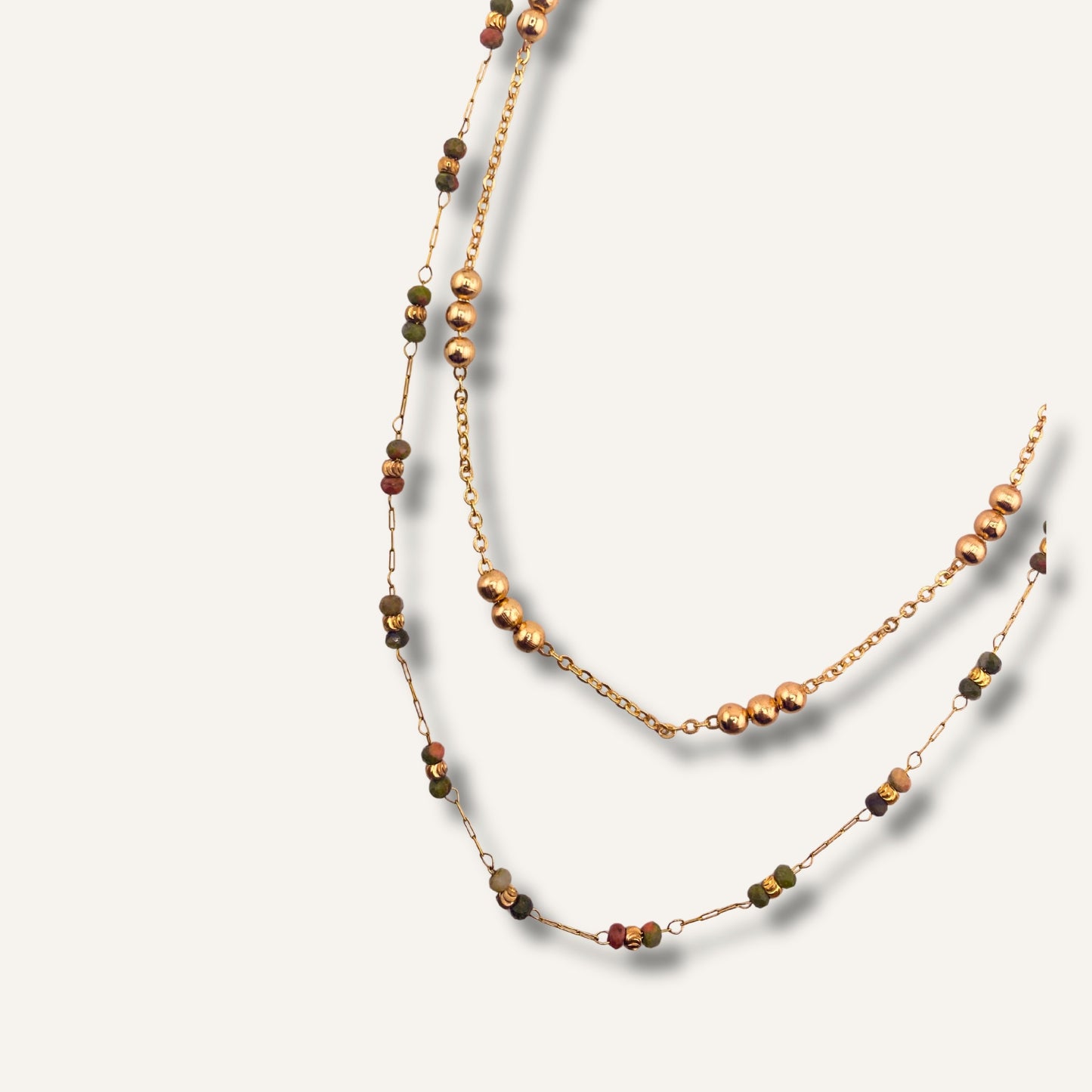 Collier double NINA - pierre naturelle d'Unakite & chaîne perlée en acier inoxydable - création artisanale signée Chica Gaücha