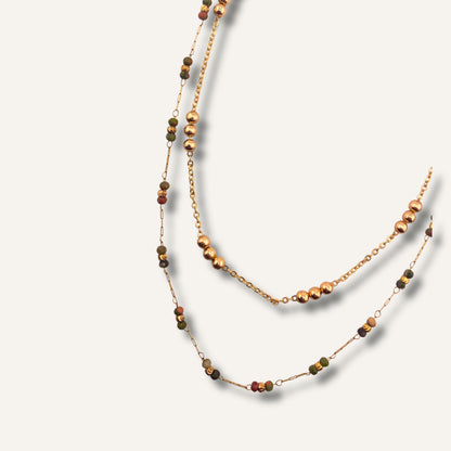 Collier double NINA - pierre naturelle d'Unakite & chaîne perlée en acier inoxydable - création artisanale signée Chica Gaücha