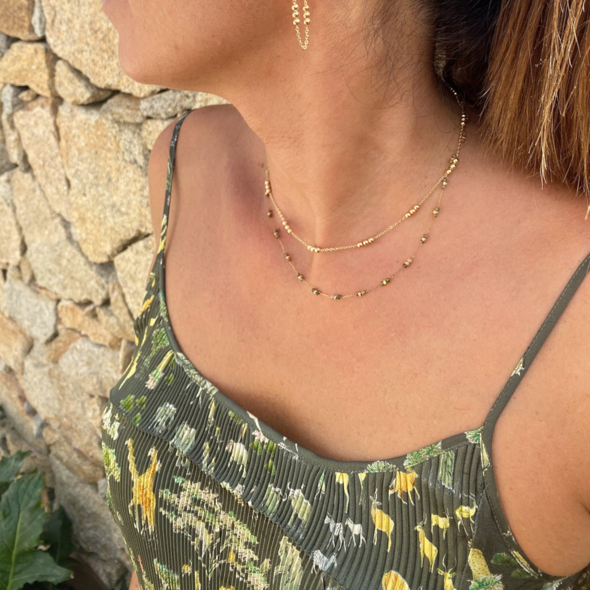 Collier double NINA - pierre naturelle d'Unakite & chaîne perlée en acier inoxydable - création artisanale signée Chica Gaücha