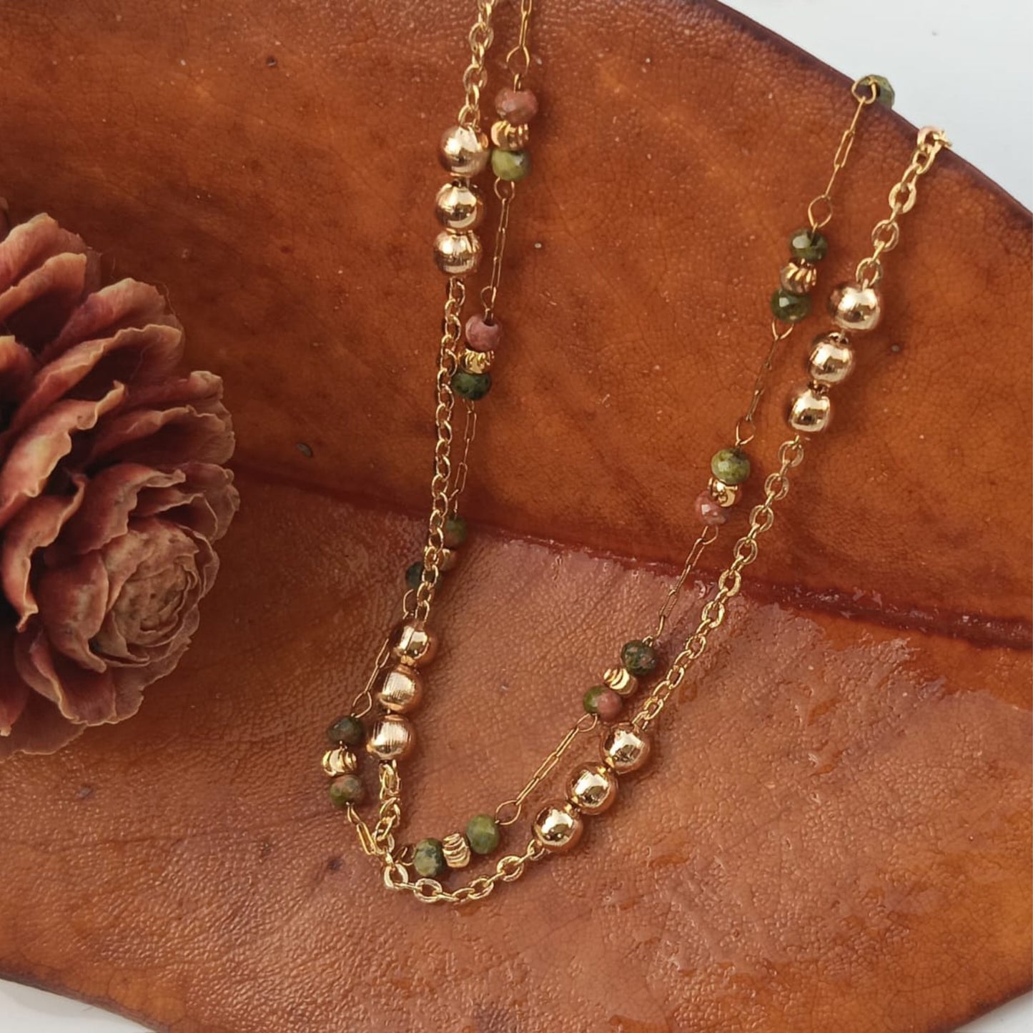 Collier double NINA - pierre naturelle d'Unakite & chaîne perlée en acier inoxydable - création artisanale signée Chica Gaücha