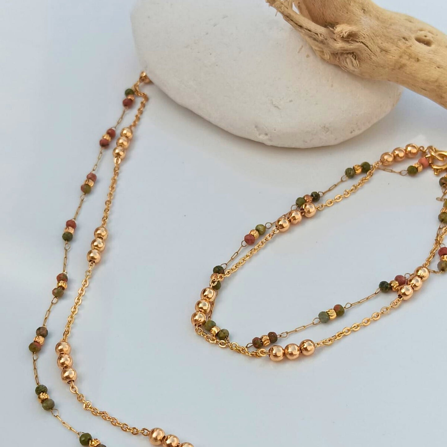 Collier double NINA - pierre naturelle d'Unakite & chaîne perlée en acier inoxydable - création artisanale signée Chica Gaücha