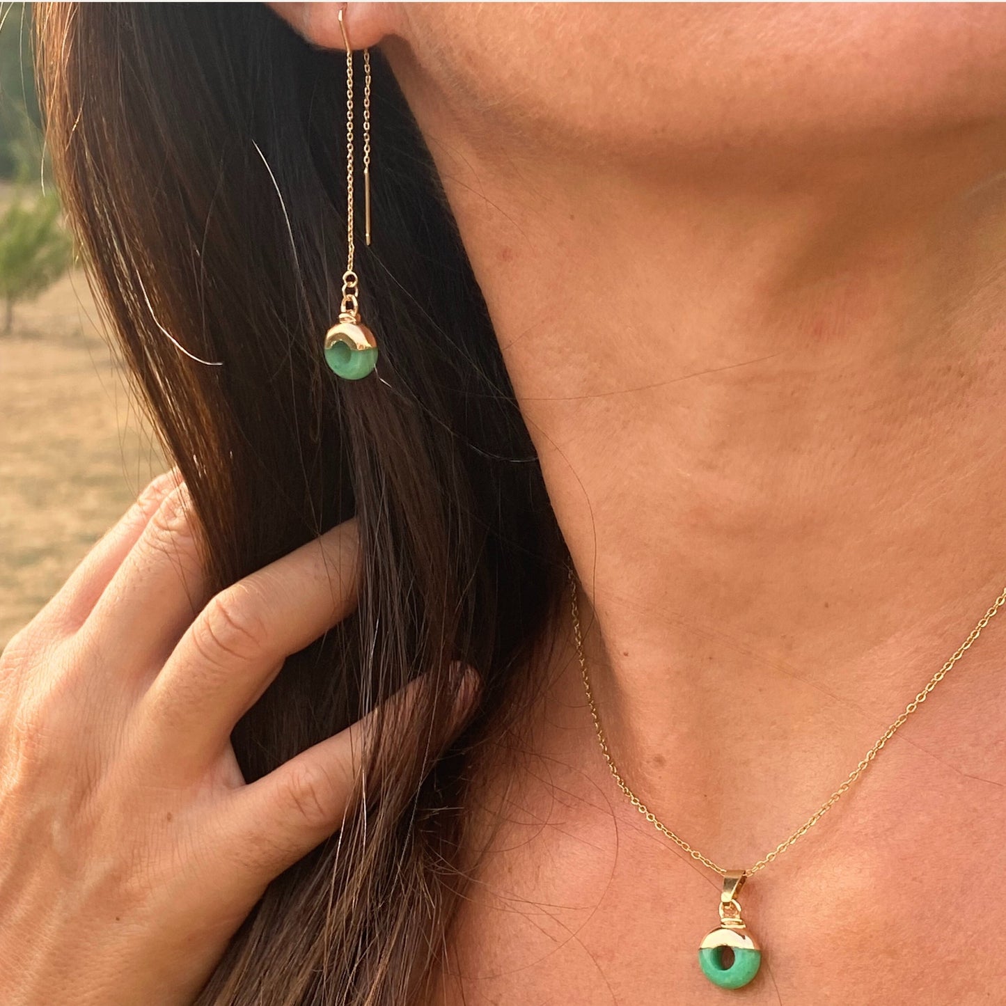 Chica gaÜcha-Collier OLA - pendentif rondelle en Quartz vert naturel & acier inoxydable