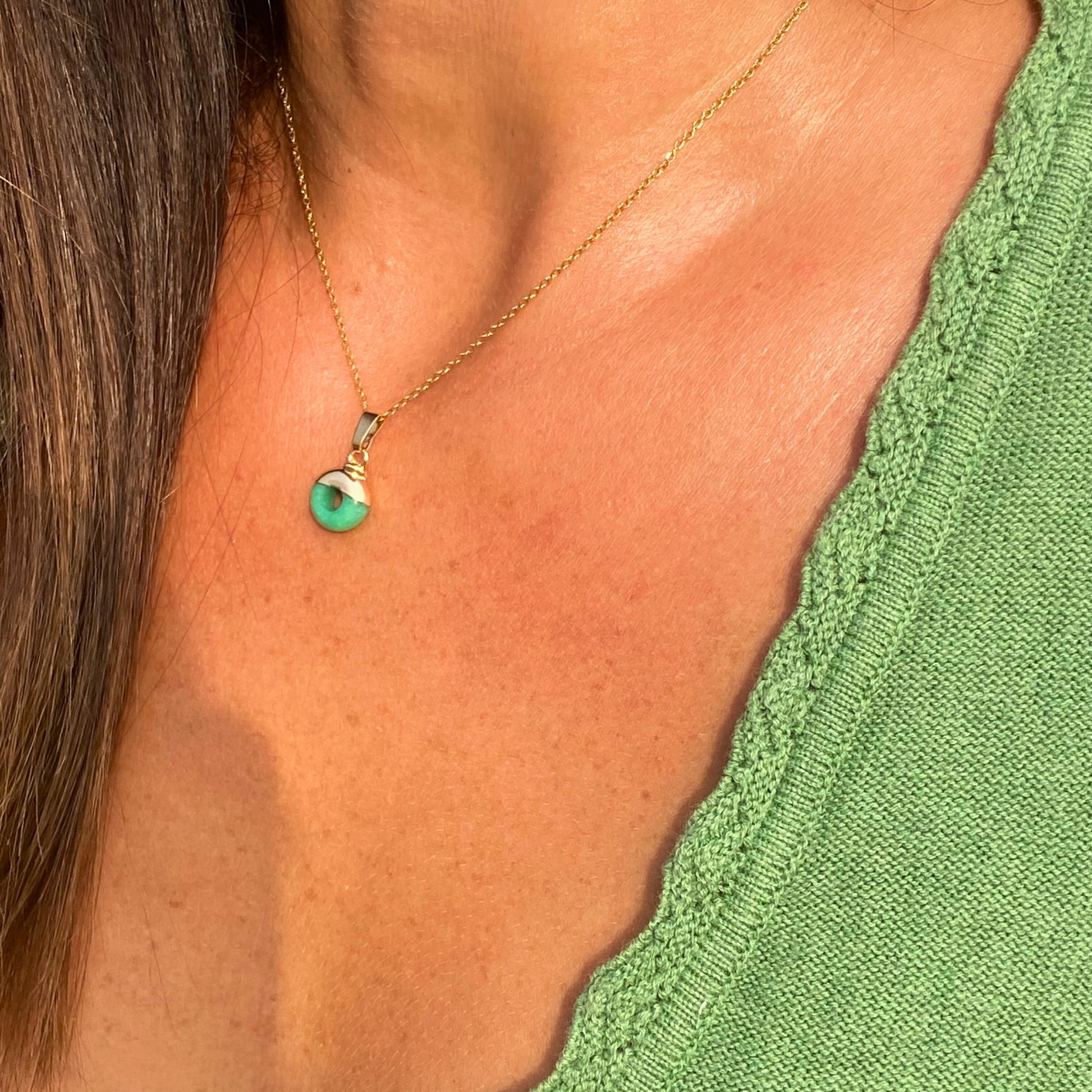 Chica gaÜcha-Collier OLA - pendentif rondelle en Quartz vert naturel & acier inoxydable